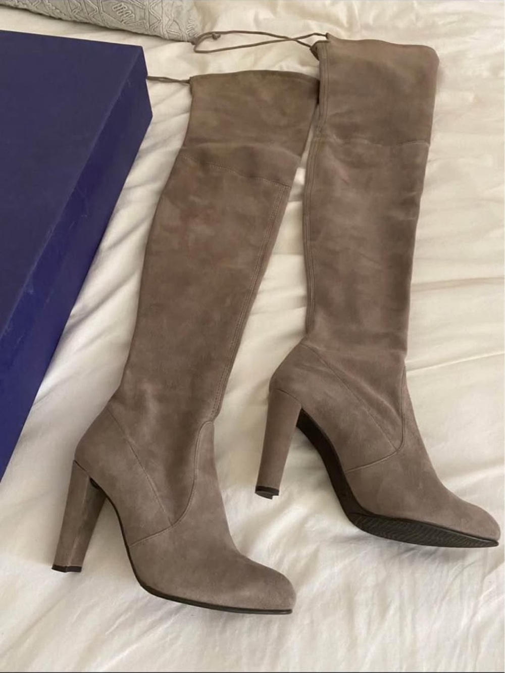 Stuart Weitzman Over-the-Knee Suede Heel Boots in Taupe